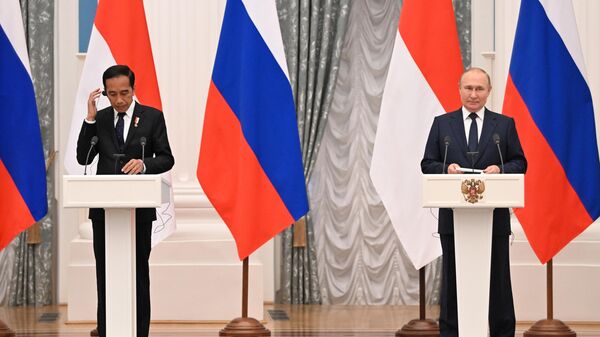 Президент РФ Владимир Путин и президент Индонезии Джоко Видодо на пресс-конференции по итогам встречи в Москве