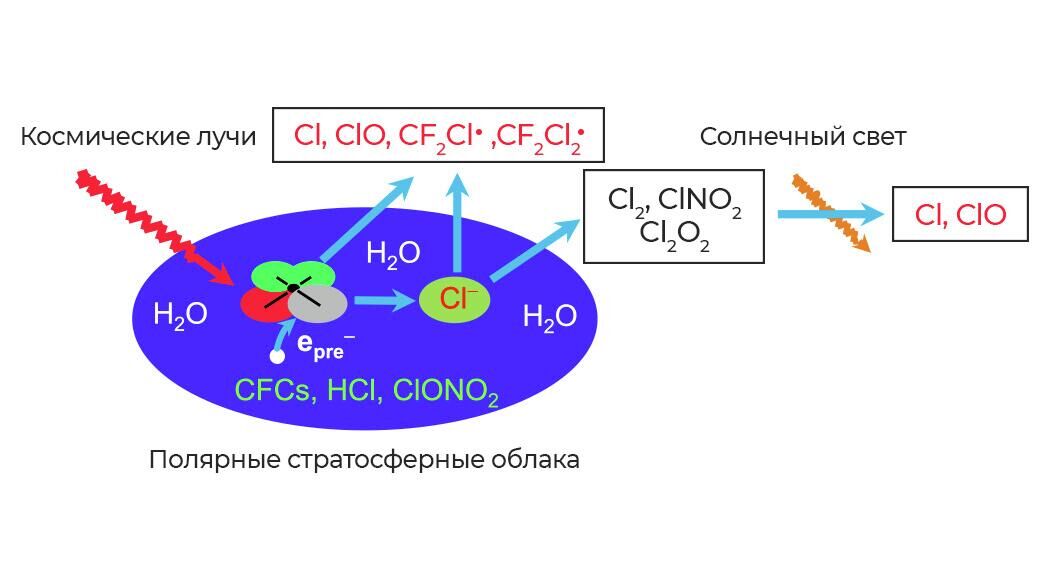 Механизм CRE: воздействие космических лучей на галогеносодержащие молекулы, накапливающиеся в полярных стратосферных облаках, приводит к образованию озоноразрушающих свободных радикалов хлора - РИА Новости, 1920, 05.07.2022