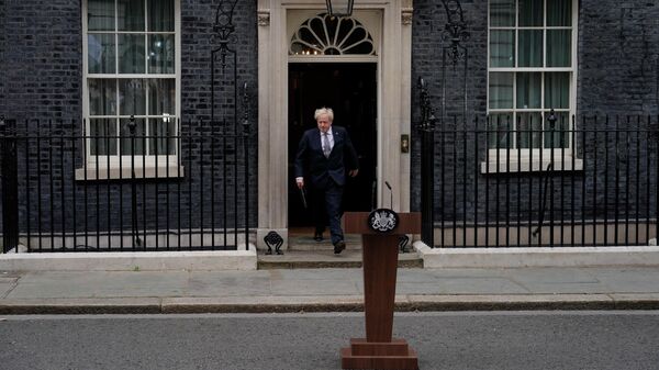 Премьер-министр Великобритании Борис Джонсон во время своего обращения возле резиденции на Даунинг-стрит в Лондоне