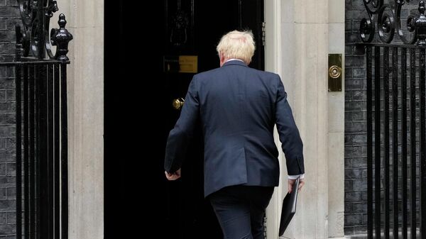 Премьер-министр Борис Джонсон после своего обращения возле резиденции на Даунинг-стрит в Лондоне