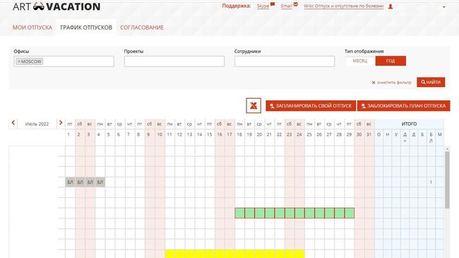 График отпусков в в системе учета рабочего времени Art-Time