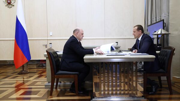 Председатель правительства РФ Михаил Мишустин и руководитель Росреестра Олег Скуфинский во время встречи