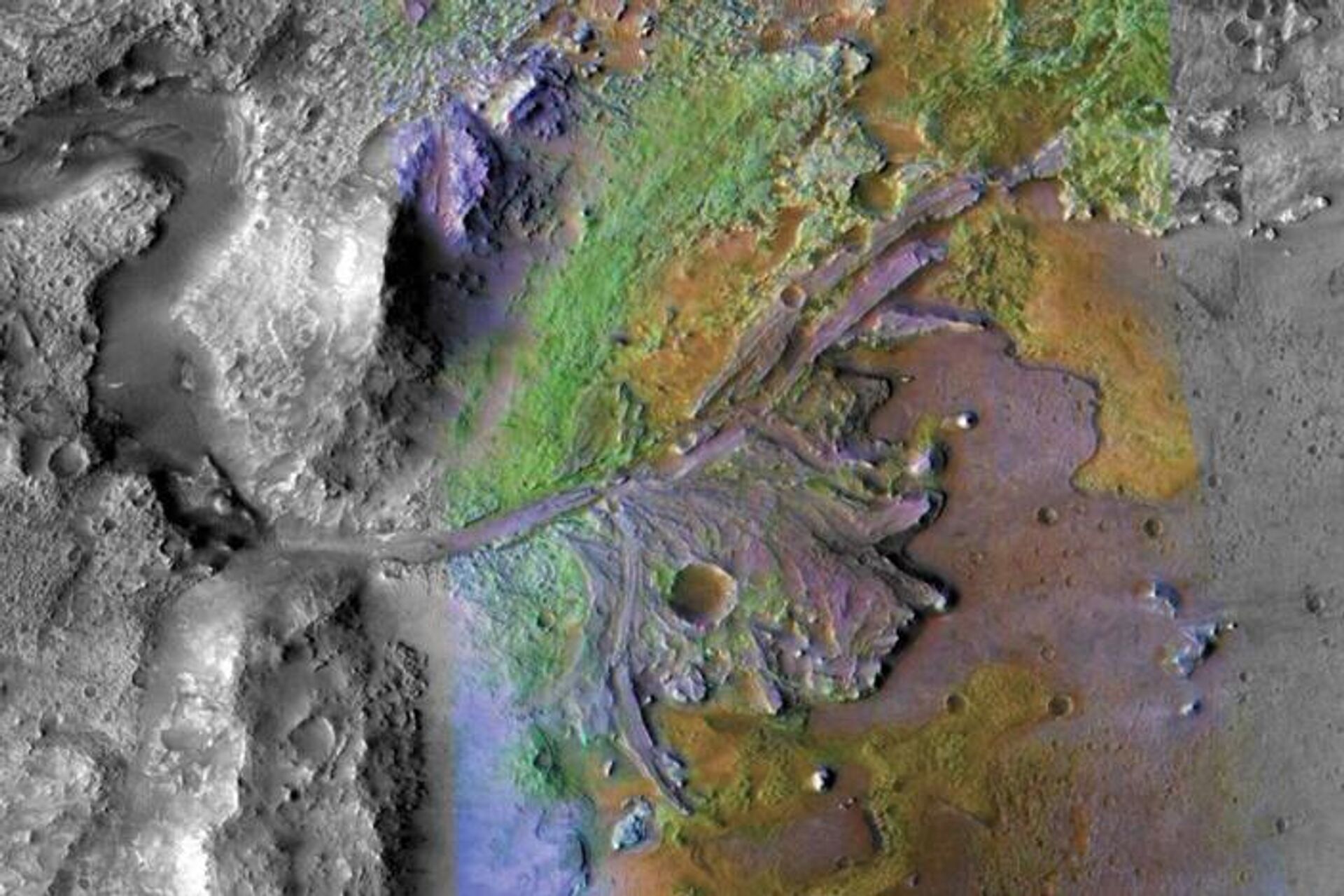 Спектрометрическое изображение дельты палеореки в западной части кратера Езеро. Сиреневым цветом выделяются глинистые отложения, зеленым — карбонатные, в которых ученые рассчитывают найти строматолиты - РИА Новости, 1920, 13.07.2022