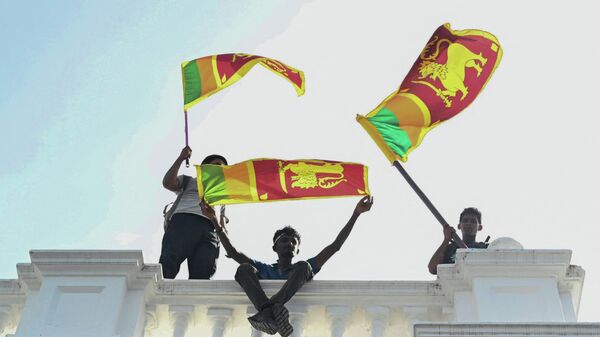Участники акции протеста с флагами Шри-Ланки резиденции премьер-министра в Коломбо