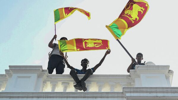Участники акции протеста с флагами Шри-Ланки резиденции премьер-министра в Коломбо