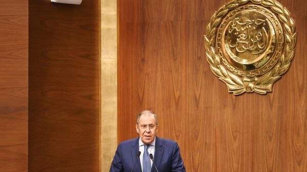 Министр иностранных дел РФ Сергей Лавров во время встречи с постпредами стран-членов Лиги арабских государств (ЛАГ) в штаб-квартире ЛАГ