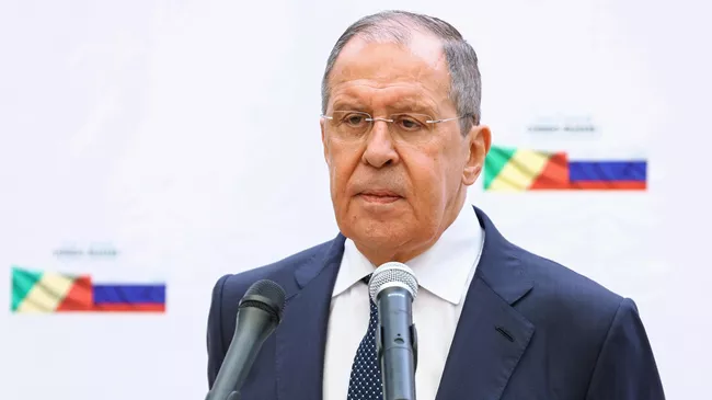 Министр иностранных дел РФ Сергей Лавров во время пресс-подхода по итогам встречи с министром иностранных дел Республики Конго Жан-Клодом Гакоссо