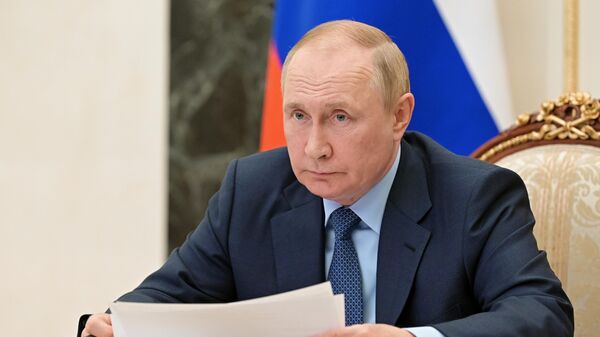 Президент России Владимир Путин проводит совещание с членами правительства РФ в режиме видеоконференции