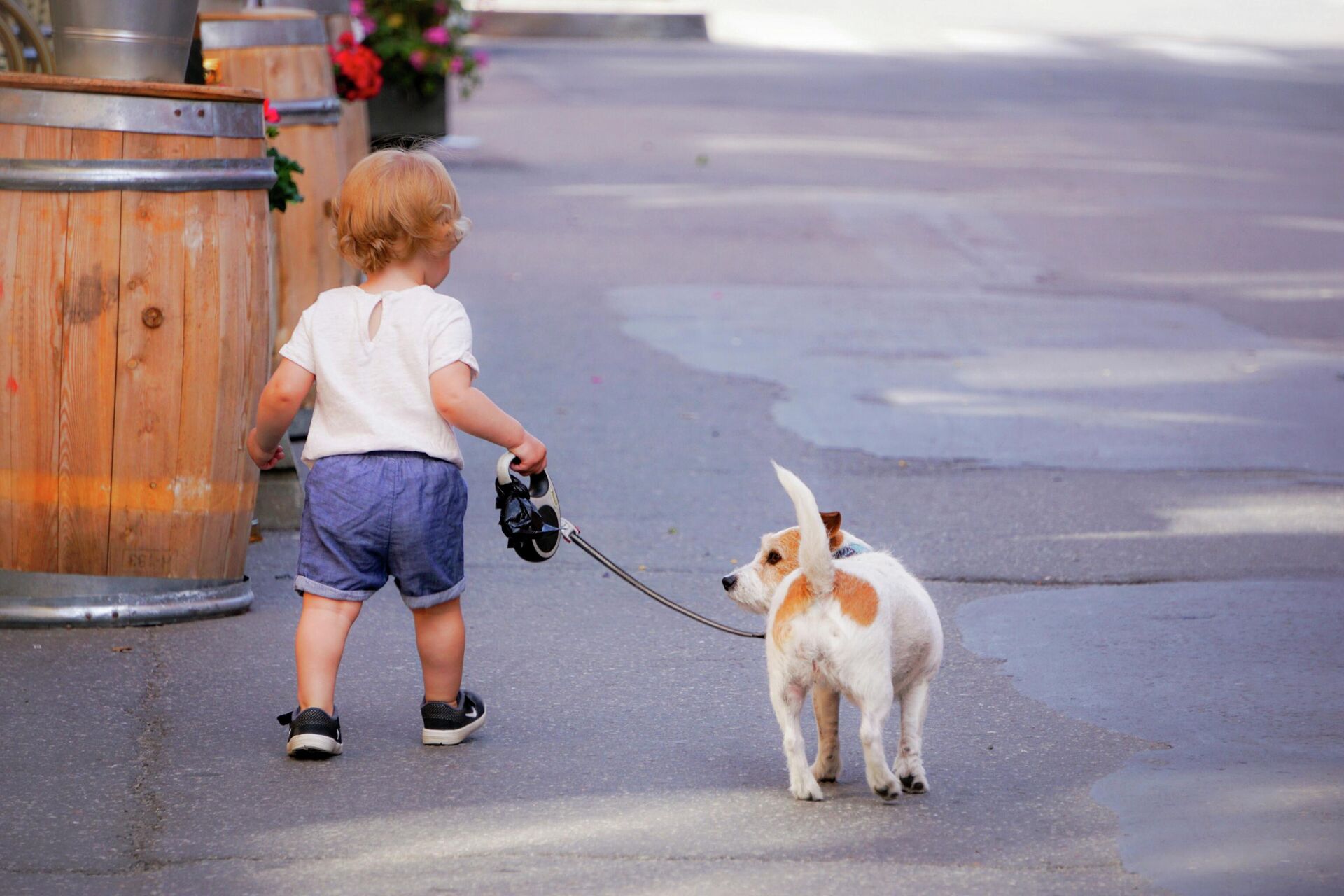 Ребенок гуляет с собакой  - РИА Новости, 1920, 28.07.2022
