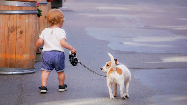 Ребенок гуляет с собакой 