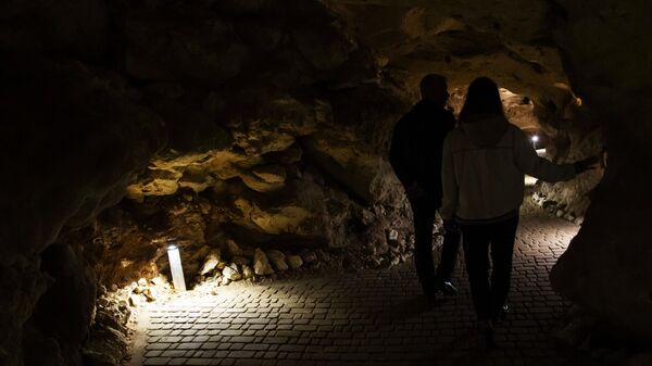 Посетители в пещере Таврида, обнаруженной во время строительства одноименной скоростной автомагистрали, соединяющей полуостров с материковой Россией