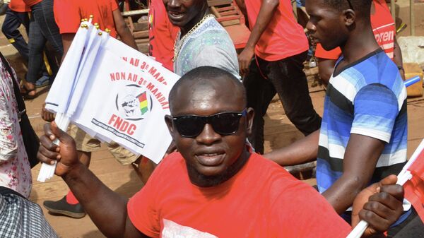 Мужчина держит флаги Национального фронта защиты конституции в Гвинее