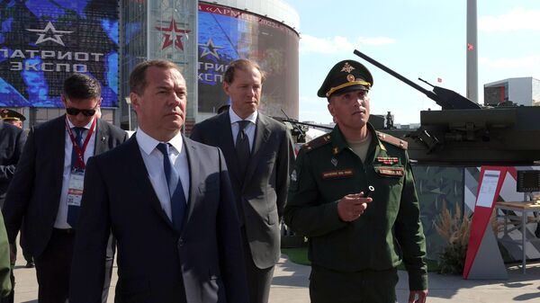 Заместитель председателя Совета безопасности РФ Дмитрий Медведев на выставке вооружений в рамках Международного военно-технического форума Армия-2022