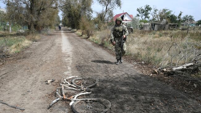 Военнослужащий ВС РФ идет по дороге в селе Александровка Херсонской области