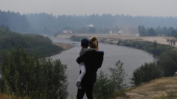 Дым от лесного пожара в поселке Деулино в Рязанской области