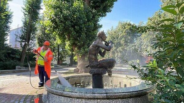 Промывка фонтана в саду Аквариум на Большой Садовой улице