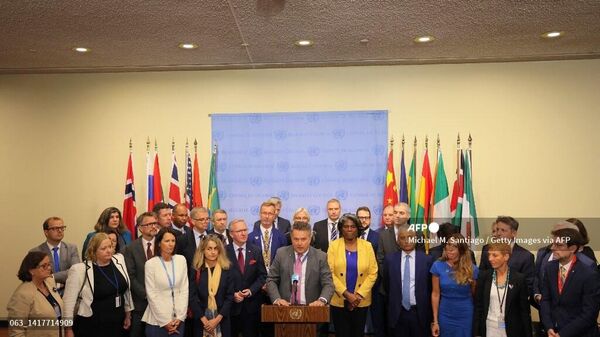 Сергей Кислица зачитывает совместное заявление во время пресс-конференции после заседания Совета Безопасности ООН в Нью-Йорке