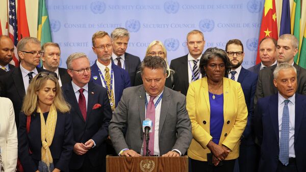 Посол Украины Сергей Кислица зачитывает совместное заявление во время пресс-конференции после заседания Совета Безопасности ООН в Нью-Йорке
