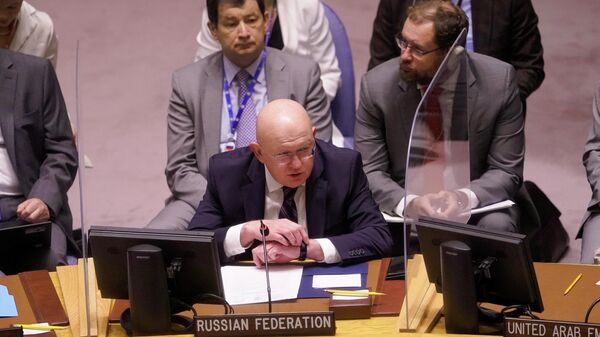 Постоянный представитель России при ООН Василий Небензя выступает на заседании Совета Безопасности по угрозам международной безопасности в штаб-квартире ООН