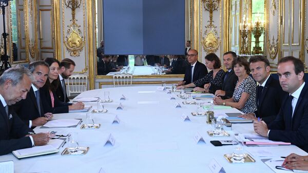 Президент Франции Эммануэль Макрон на встрече с генеральным директором МАГАТЭ Рафаэлем Гросси