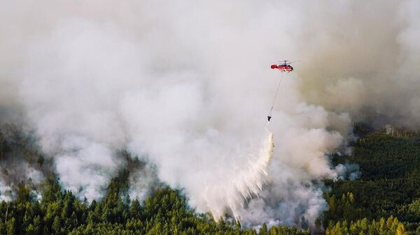 Вертолет противопожарной службы МЧС России во время тушения природного пожара в Рязанской области