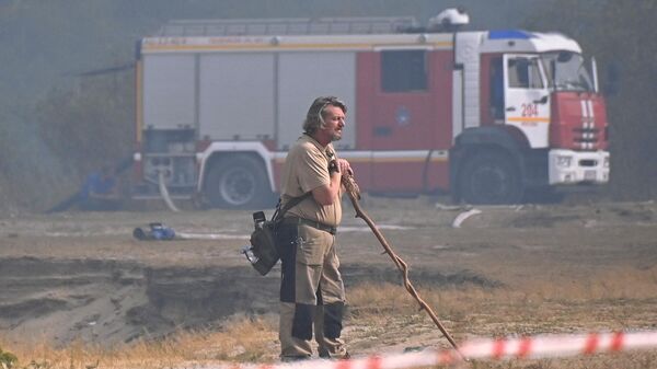Сотрудник МЧС РФ во время тушения лесного пожара в Рязанской области