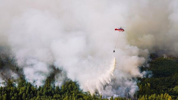 Вертолет противопожарной службы МЧС РФ во время тушения природного пожара в Рязанской области