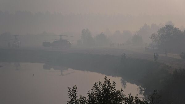 Вертолеты МЧС у водоема среди леса в Рязанской области, пострадавшего от пожара