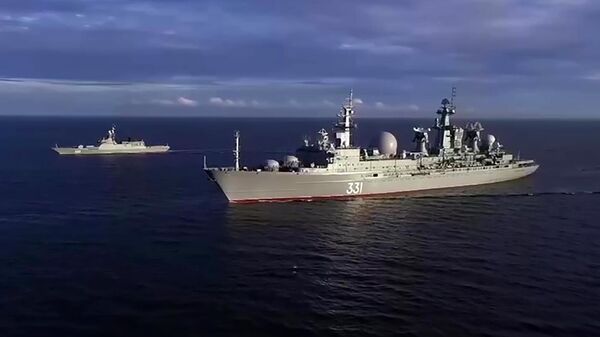 Корабль управления Маршал Крылов ВМФ России в северной части Японского моря, где пройдут учения Восток-2022 совместно с ВМС народно-освободительной армии Китая. Скриншот видео