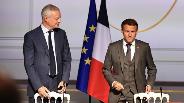 Президент Франции Эммануэль Макрон и министр экономики Франции Брюно Лё Мэр на еженедельном заседании кабинета министров в Елисейском дворце в Париже. 31 августа 2022 года