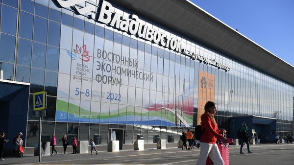 Баннер с символикой Восточного экономического форума в Международном аэропорту Владивосток (Кневичи) имени В.К. Арсеньева