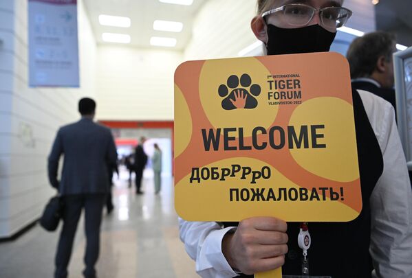 Волонтер приветствует участников II Международного форума по сохранению тигра на площадке проведения Восточного экономического форума во Владивостоке