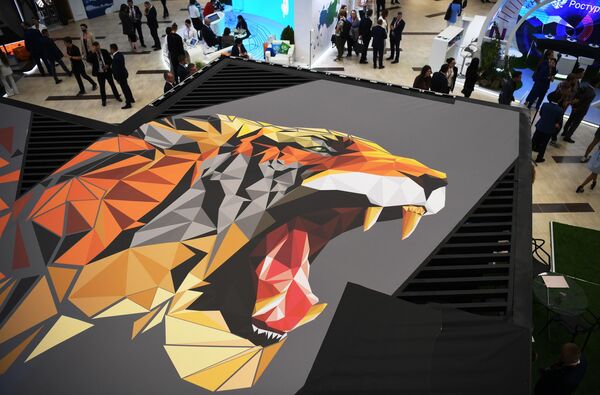 Изображение тигра на одном из павильонов на выставке Восточного экономического форума во Владивостоке