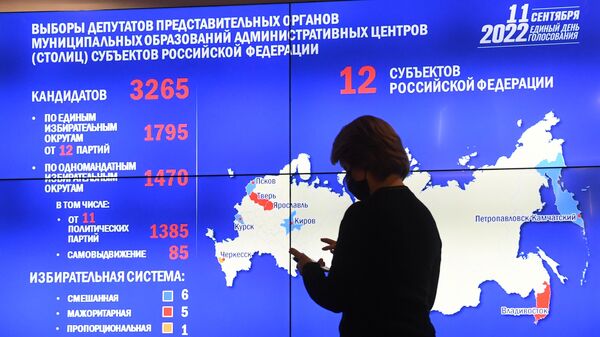 Electronic scoreboard with information about elections in the Russian Federation CEC information center in Moscow