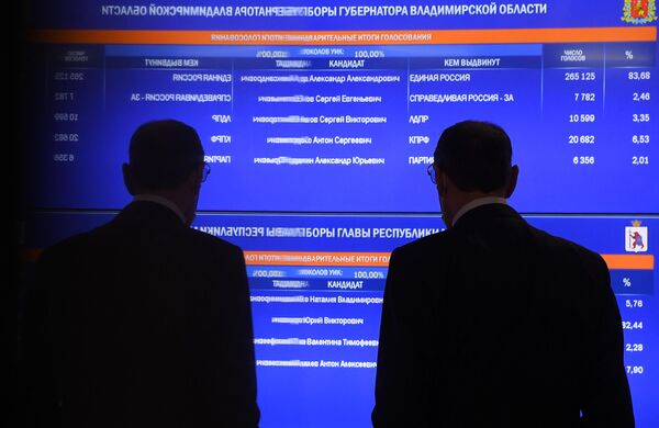 Электронное табло с предварительными результатами выборов в информационном центре ЦИК РФ в Москве