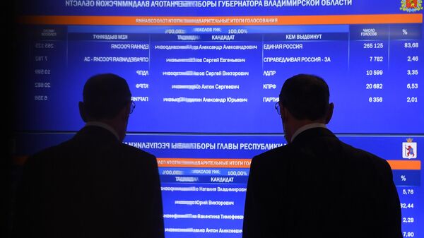 Electronic scoreboard showing the results of the pre-selection at the CEC information center of the Russian Federation in Moscow