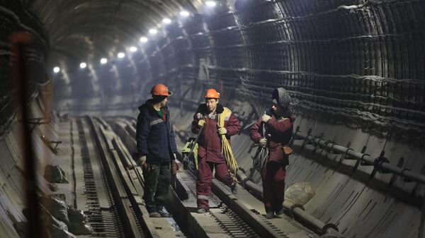 Рабочие Мосметростроя на строительстве станции метро Сокольники БКЛ