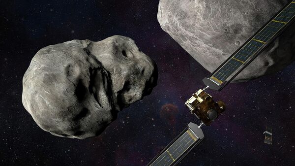 Художественное изображение космического корабля DART, подлетающего к астероиду Диморф. Справа вверху - астероид Дидим, справа внизу - LICIACube