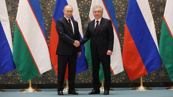 Президент РФ Владимир Путин и президент Узбекистана Шавкат Мирзиеев во время встречи