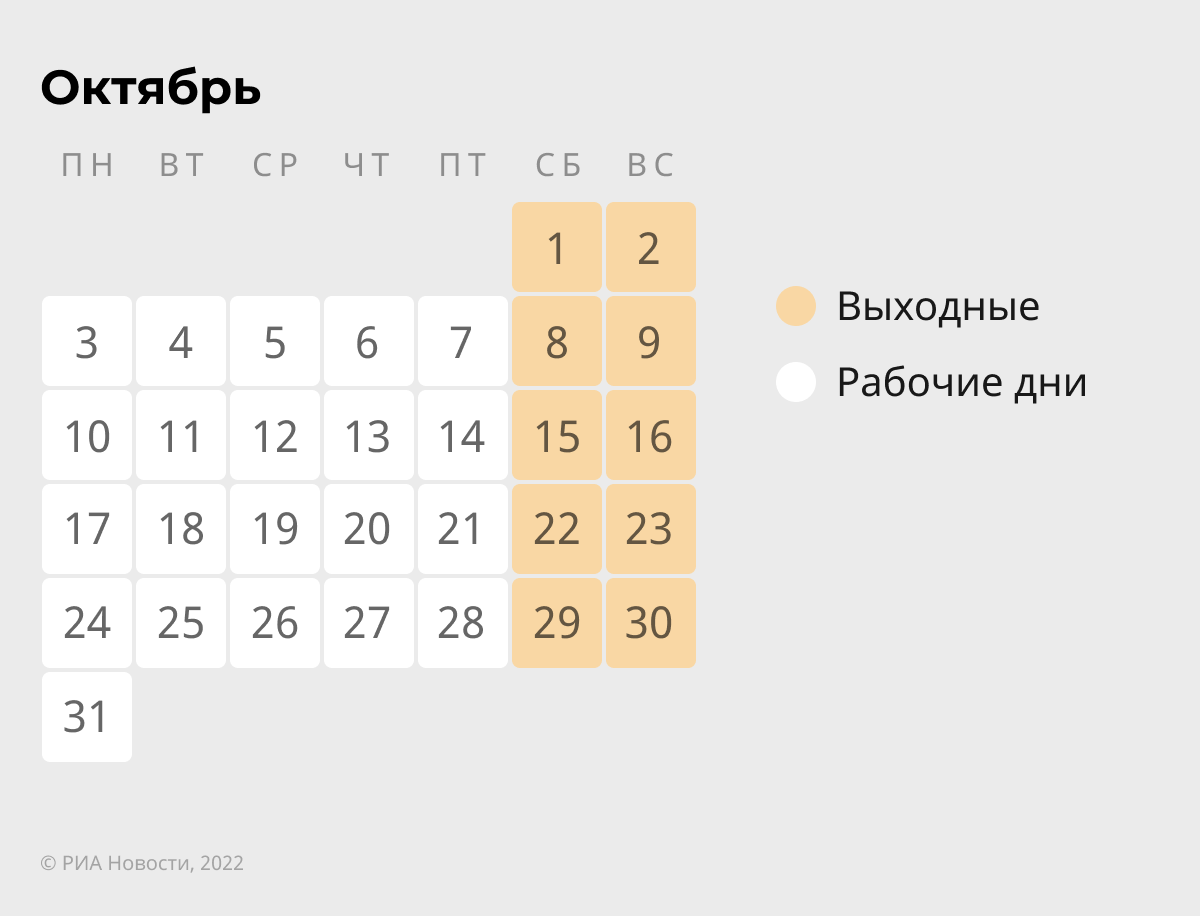 Выходные и праздничные дни в октябре 2022 в России по производственному  календарю