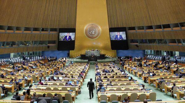 Министр иностранных дел России Сергей Лавров выступает на 77-й сессии Генеральной Ассамблеи ООН