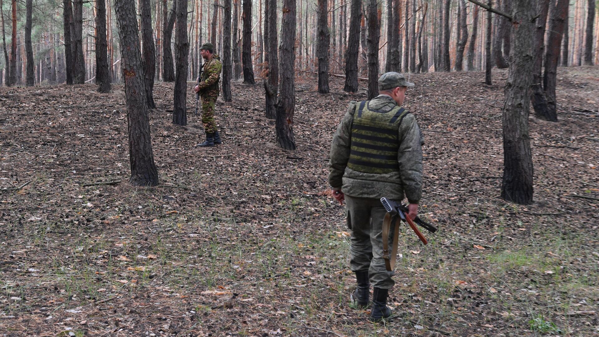 Бойцы казачьего полка Народной милиции ЛНР возле позиций в лесу на окраинах Красного Лимана в ДНР - РИА Новости, 1920, 06.11.2022