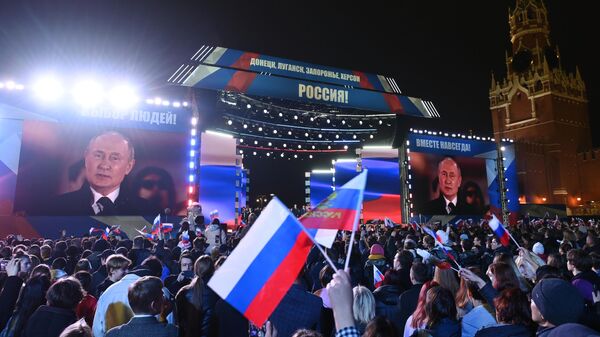 Президент России Владимир Путин выступает на митинге-концерте в поддержку присоединения к России ЛНР, ДНР, Херсонской и Запорожской областей