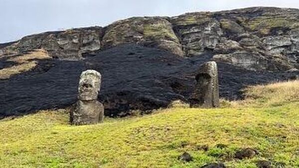 Каменные статуи-монолиты, пострадавшие в результате лесного пожара на чилийском острове Пасхи