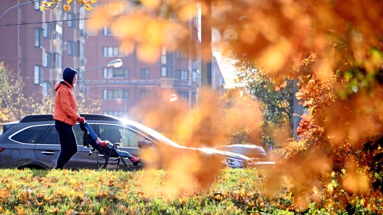 Девушка с ребенком прогуливается на Ленинском проспекте в Москве