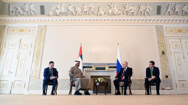 Президент РФ Владимир Путин и президент Объединенных Арабских Эмиратов Мухаммед бен Заид Аль Нахайян во время встречи