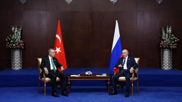 Президент РФ Владимир Путин и президент Турции Реджеп Тайип Эрдоган во время беседы на полях VI саммита Совещания по взаимодействию и мерам доверия в Азии в Астане