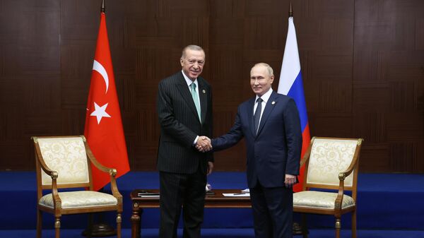 Президент РФ Владимир Путин и президент Турции Реджеп Тайип Эрдоган во время беседы на VI саммите Совещания по взаимодействию и мерам доверия в Азии в Астане. Архивное фото