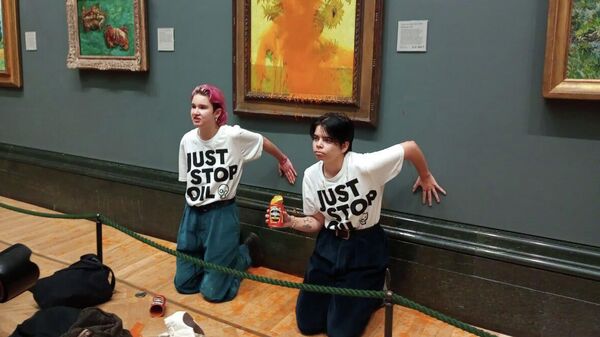 Вандалы из британского экологического движения облили томатным супом картину ван Гога Подсолнухи в лондонской Национальной галерее