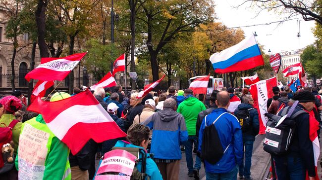 Участники митинга против антироссийских санкций в Вене